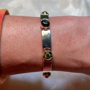 Two Tone Vintage Panel Bracelet with Green & Blue Crystals